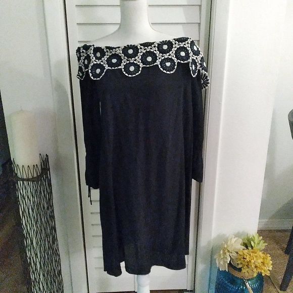 𝅺LOFT Off Shoulder navy pullover daisy collar women Shift Dress tie cuff. Sz. S - Picture 5 of 10
